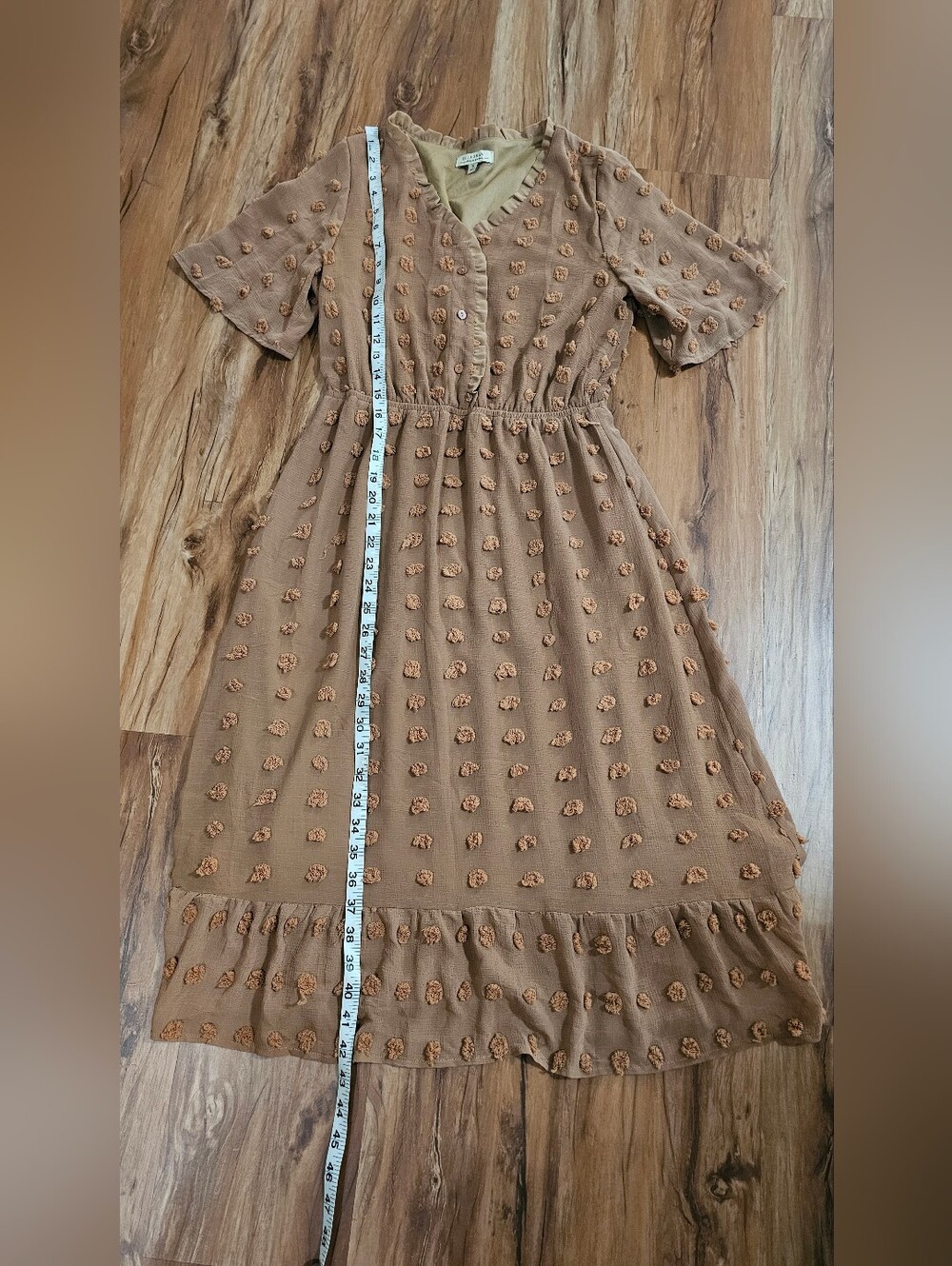 Polagram Size Small Textured Brown Midi Dress with Pom Detail